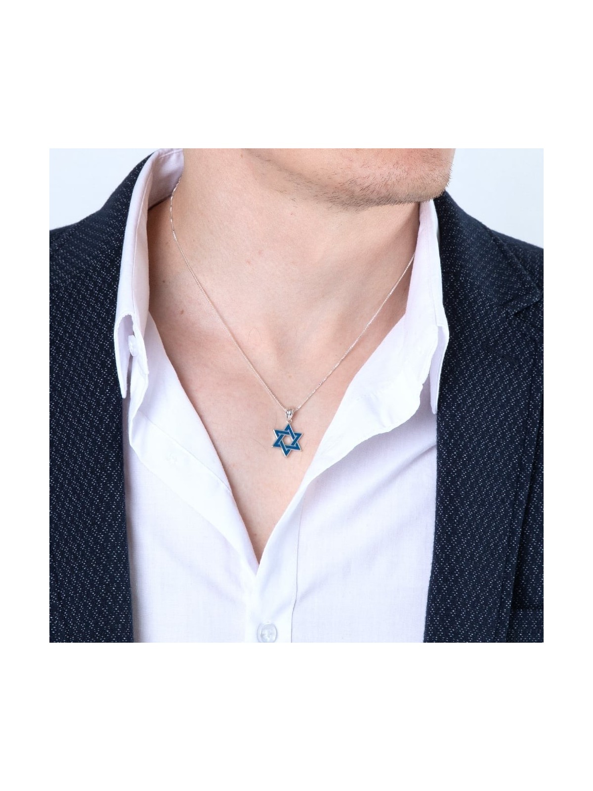 Silver Star of David Interlocked Necklace with Blue Enamel
