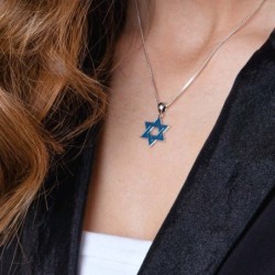 Silver Star of David Interlocked Necklace with Blue Enamel