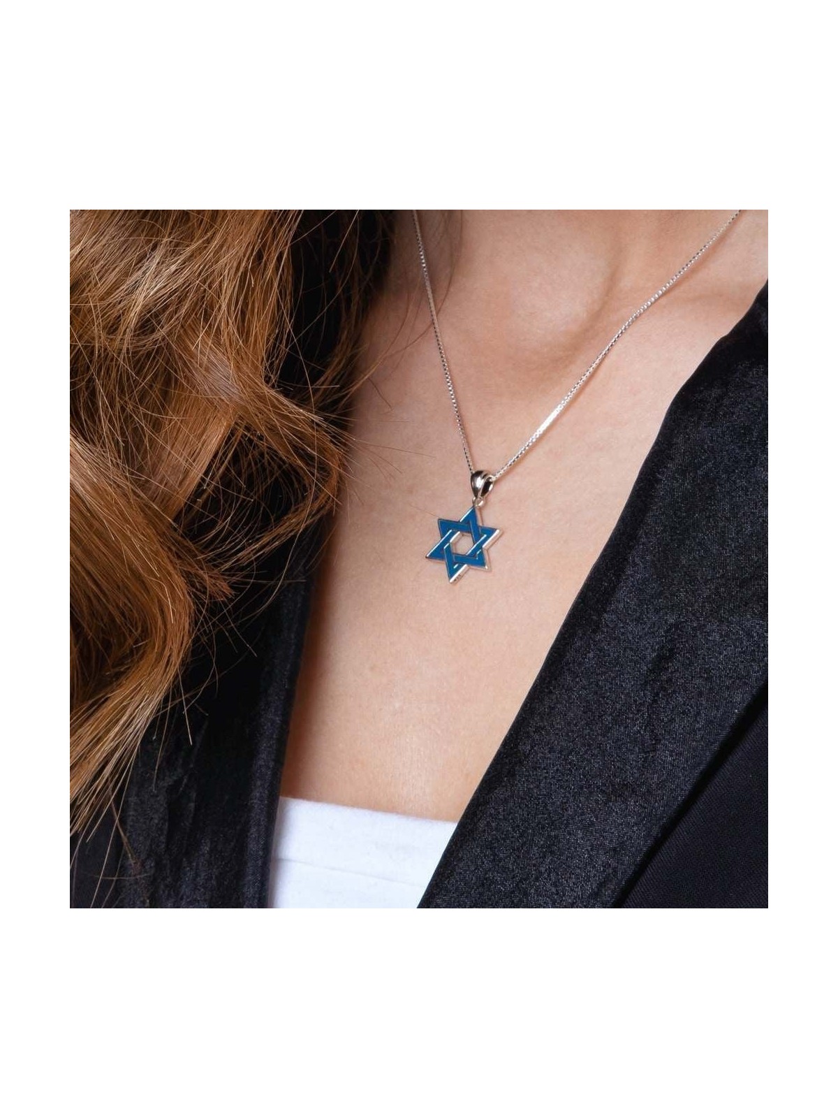 Silver Star of David Interlocked Necklace with Blue Enamel