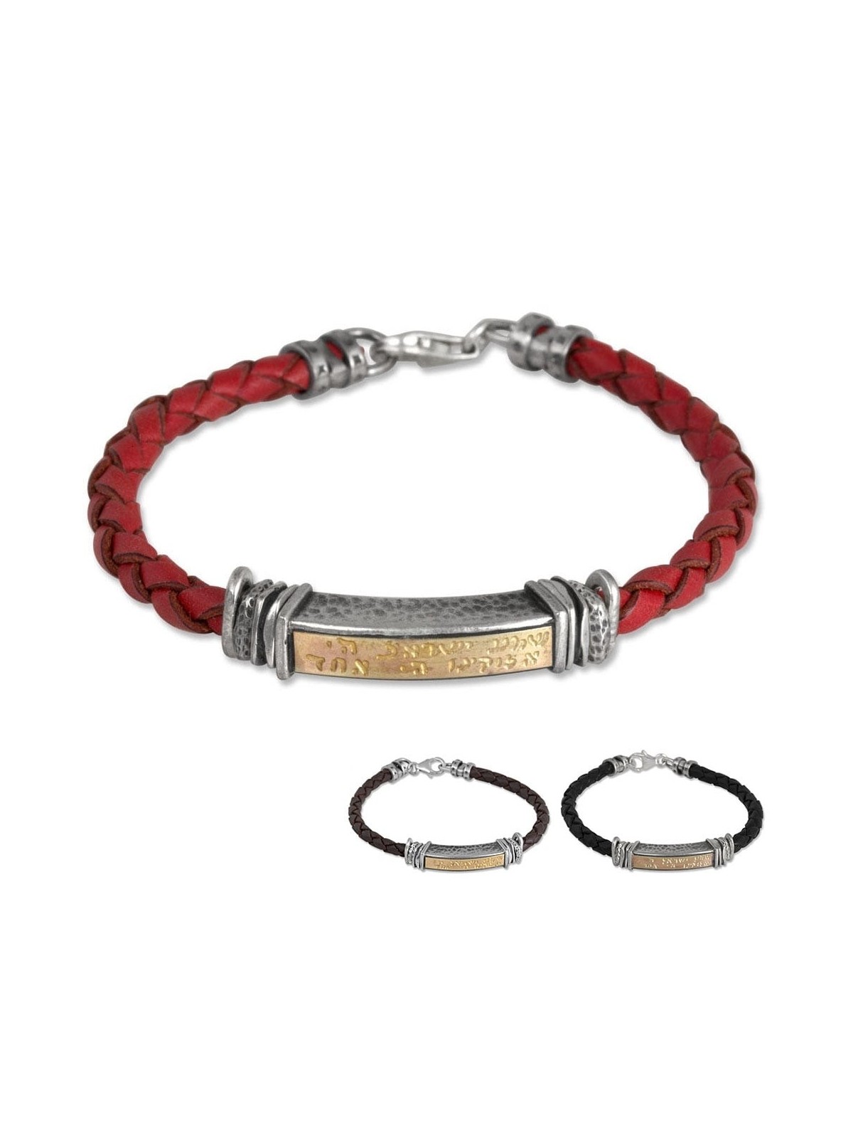 Shema Yisrael: Leather, Gold and Silver Unisex Kabbalah Bracelet - Deu