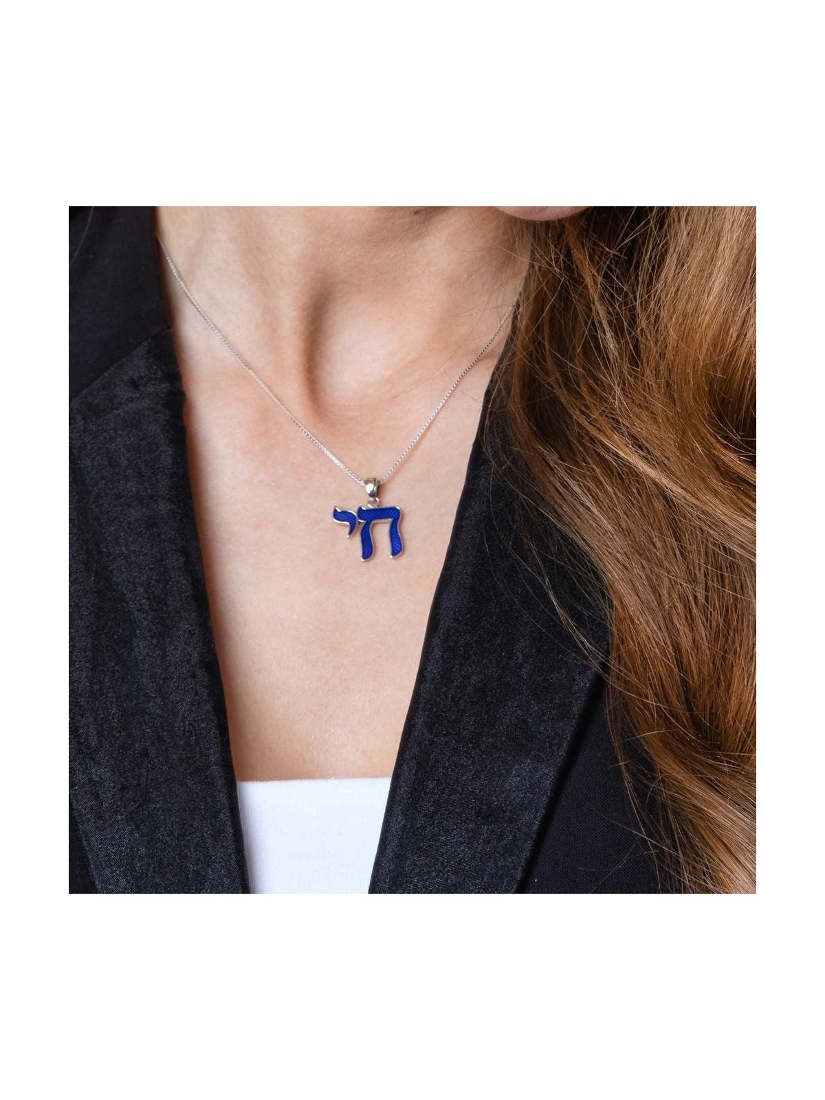 Sterling Silver Blue Enamel Chai Pendant Necklace