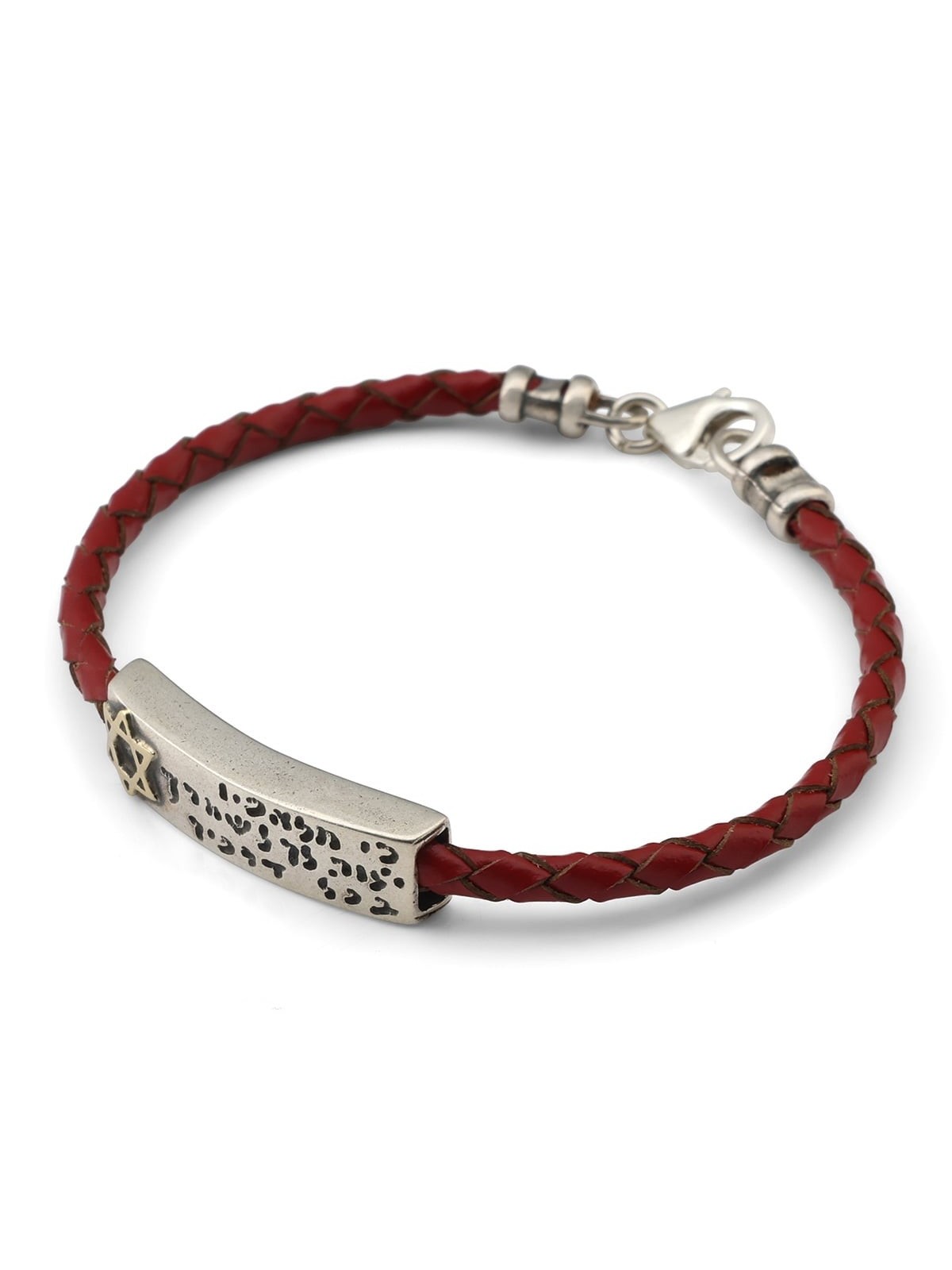 Engraved Traveler's Prayer on Red Braided Leather Band, Gold and Silve