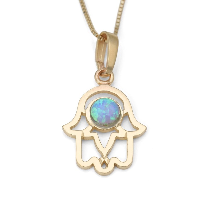 14K Gold and Opal Hamsa Pendant Necklace