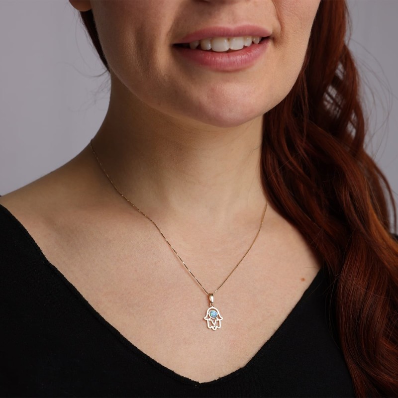 14K Gold and Opal Hamsa Pendant Necklace