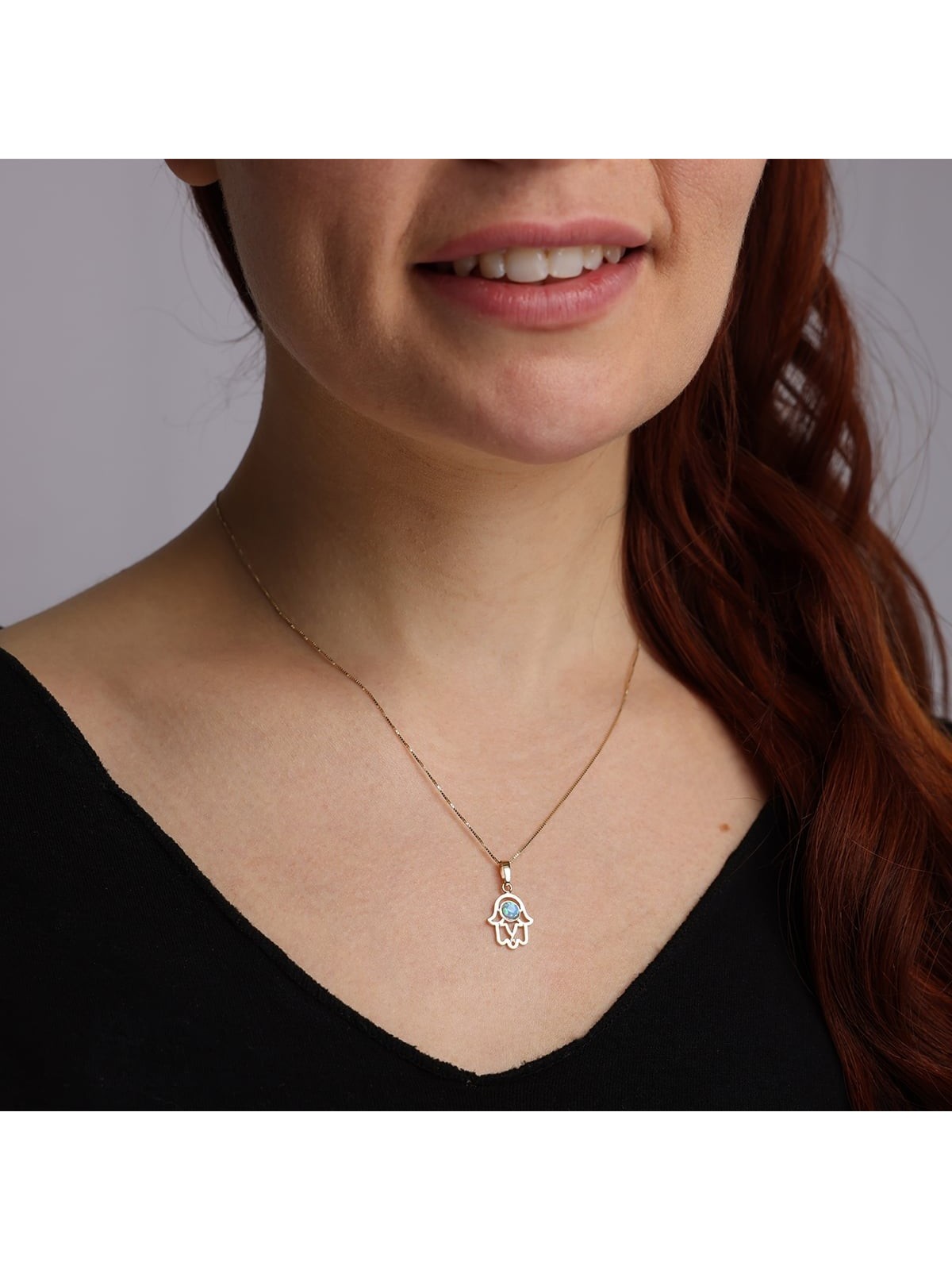 14K Gold and Opal Hamsa Pendant Necklace