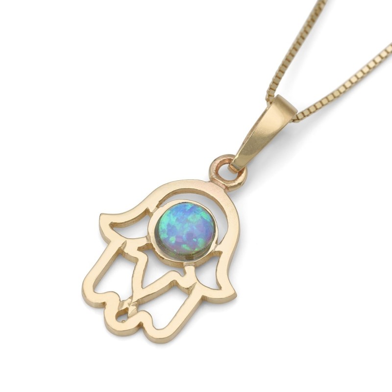 14K Gold and Opal Hamsa Pendant Necklace