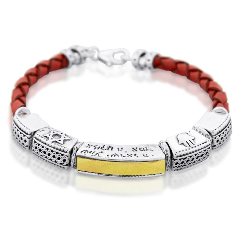 Shema Yisrael: Leather, Gold and Silver Unisex Bracelet with Star of D