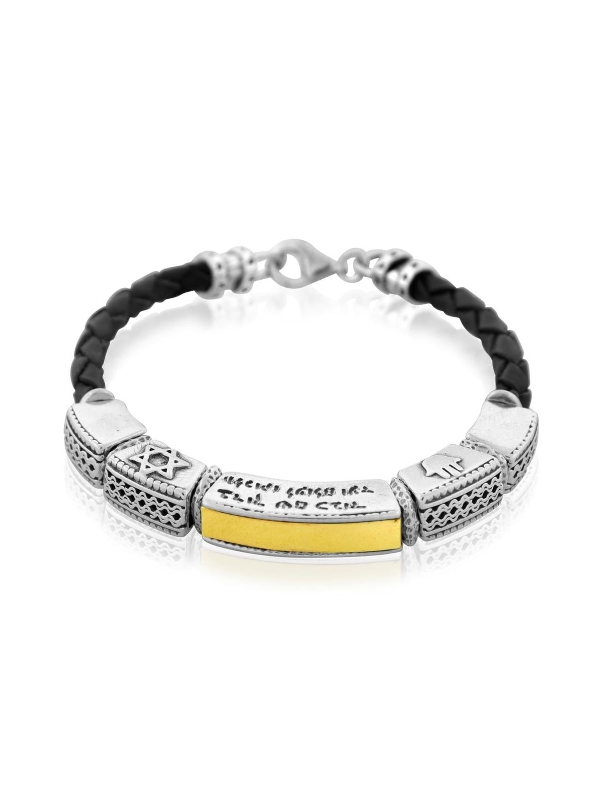 Shema Yisrael: Leather, Gold and Silver Unisex Bracelet with Star of D