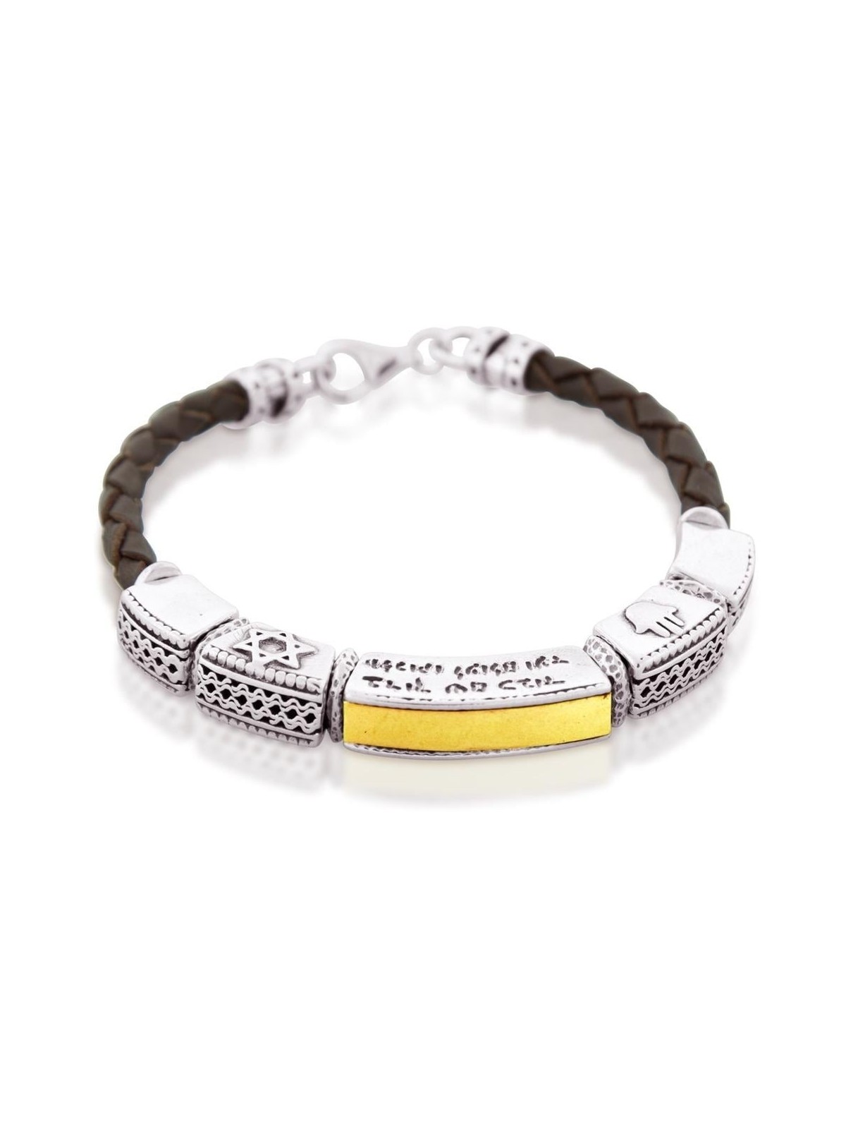 Shema Yisrael: Leather, Gold and Silver Unisex Bracelet with Star of D