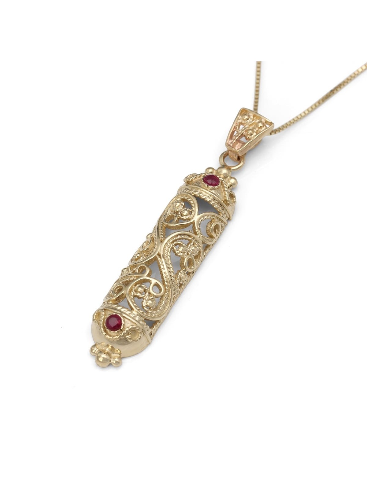 14K Gold and Ruby Stones Filigree Mezuzah Pendant Necklace