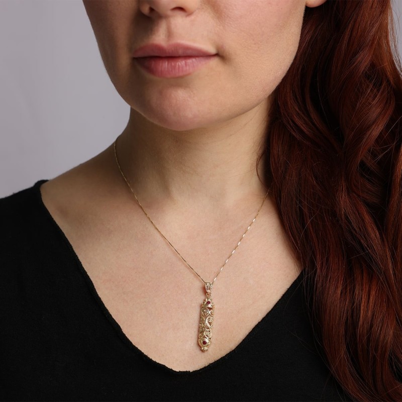 14K Gold and Ruby Stones Filigree Mezuzah Pendant Necklace