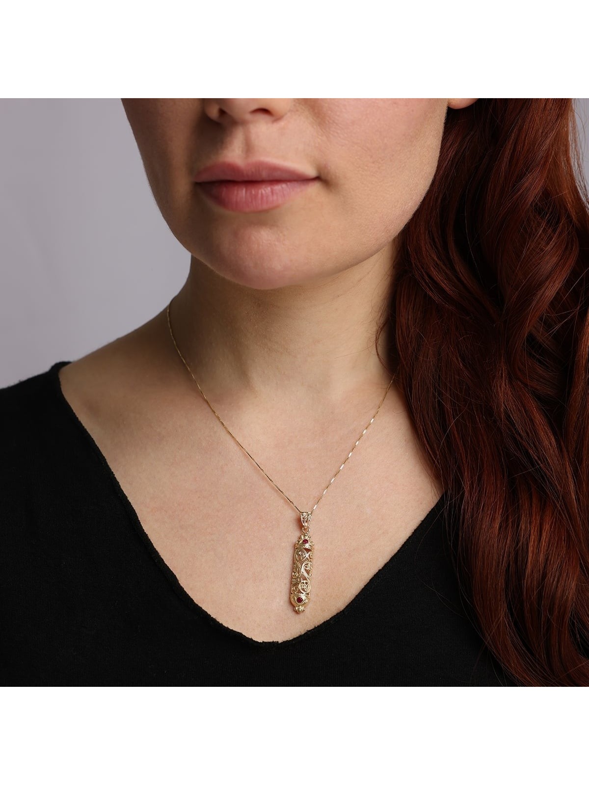 14K Gold and Ruby Stones Filigree Mezuzah Pendant Necklace