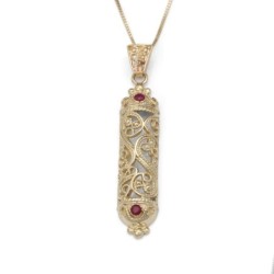 14K Gold and Ruby Stones Filigree Mezuzah Pendant Necklace