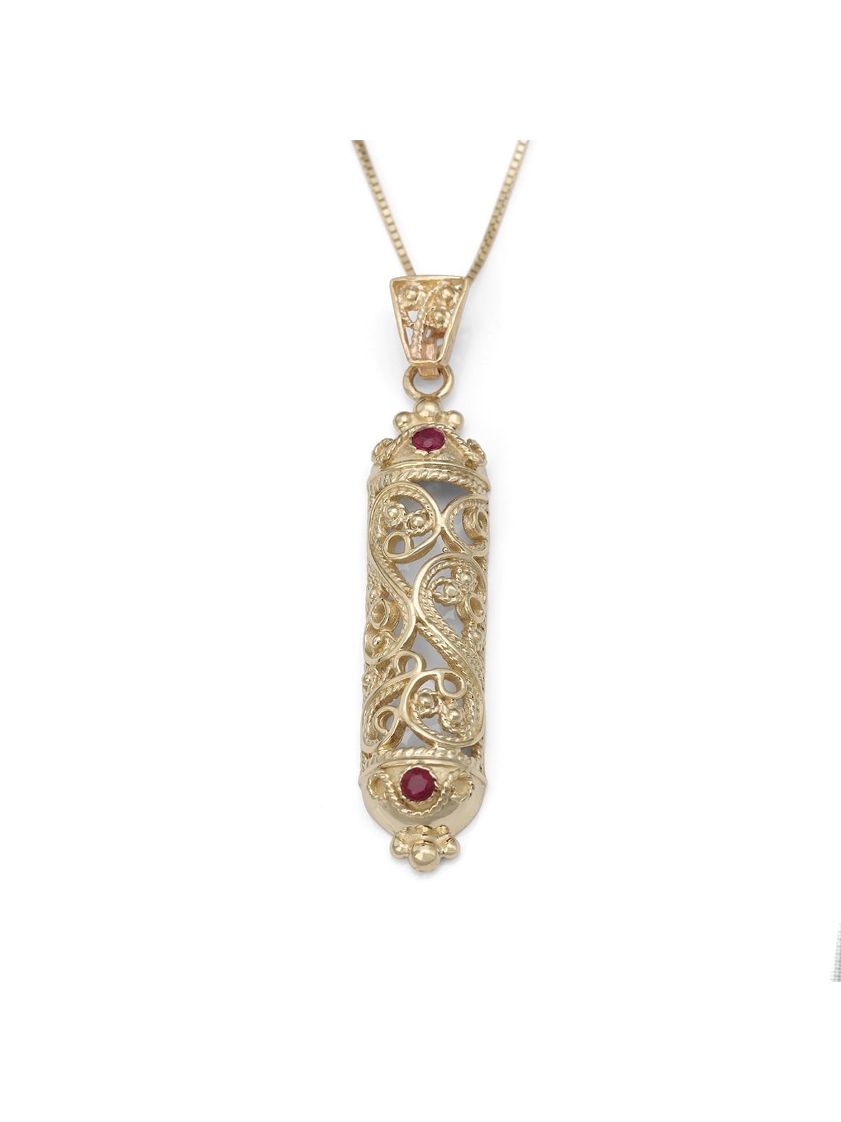 14K Gold and Ruby Stones Filigree Mezuzah Pendant Necklace