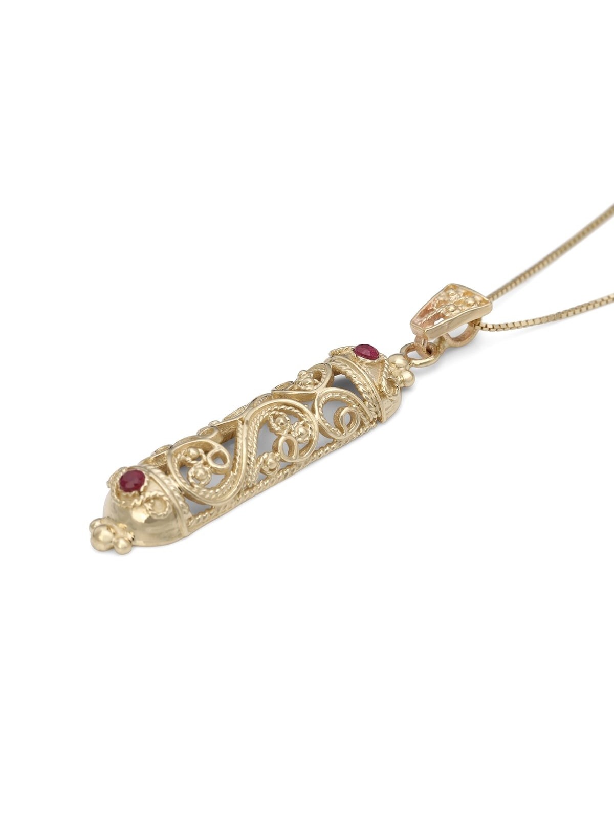 14K Gold and Ruby Stones Filigree Mezuzah Pendant Necklace
