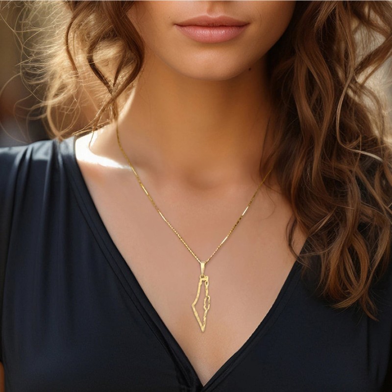 14K Yellow Gold Hammered Outline Map of Israel Pendant