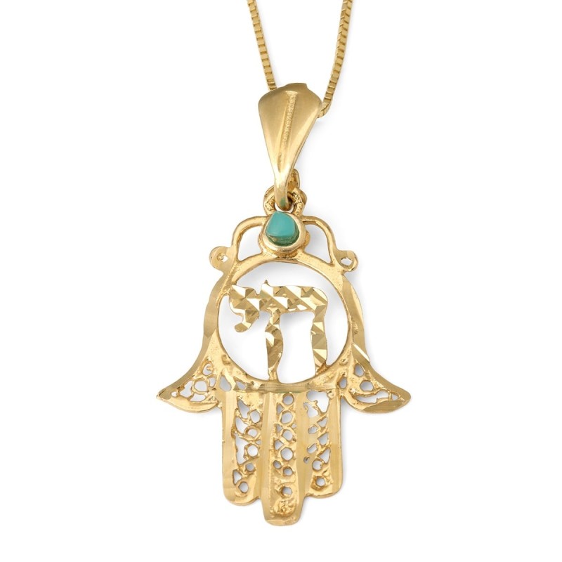14K Gold Women's Hamsa and Chai Pendant with Ornate Design and Turquoi
