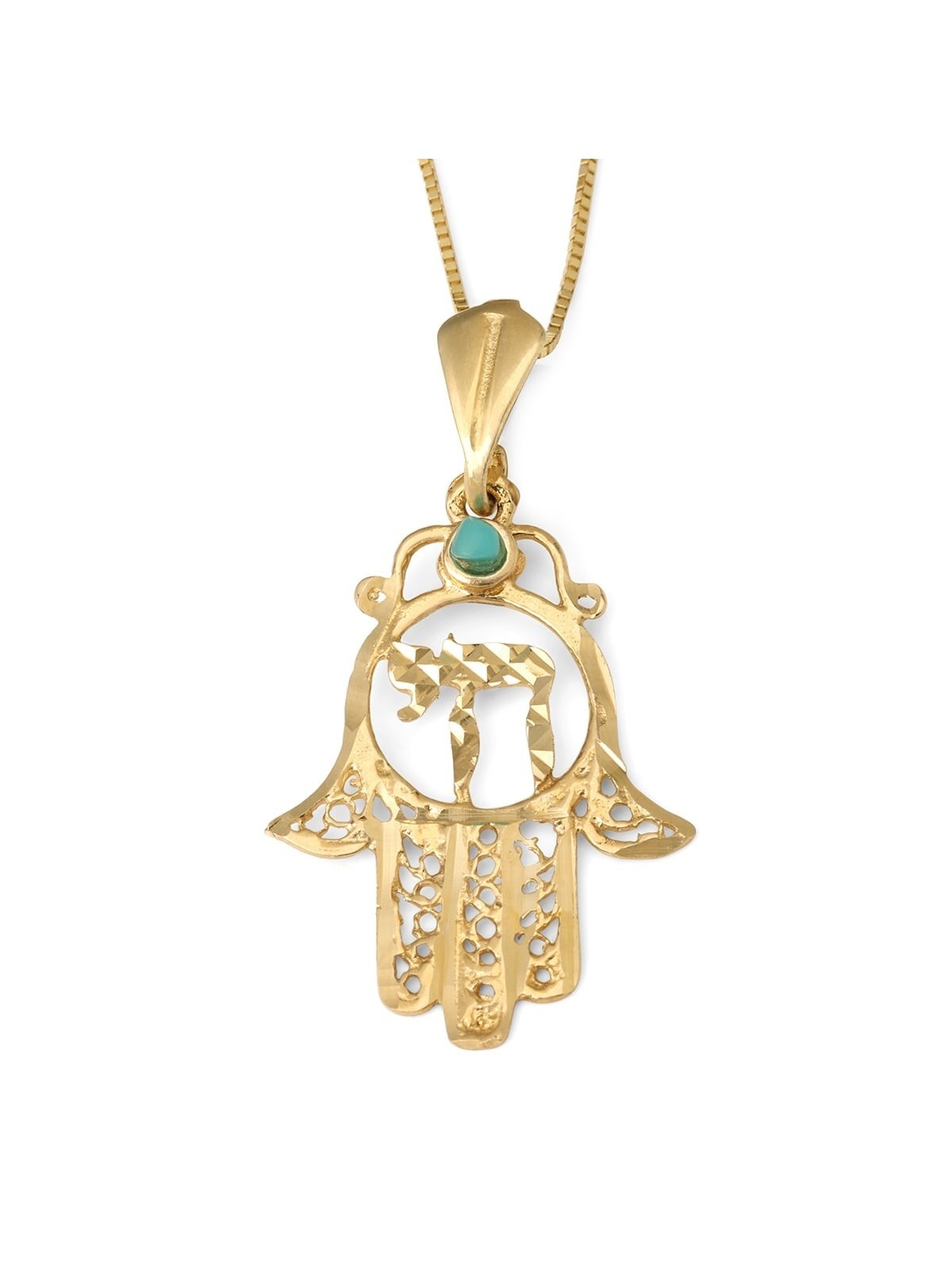 14K Gold Women's Hamsa and Chai Pendant with Ornate Design and Turquoi