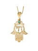 14K Gold Women's Hamsa and Chai Pendant with Ornate Design and Turquoi