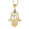 14K Gold Women's Hamsa and Chai Pendant with Ornate Design and Turquoi