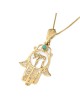 14K Gold Women's Hamsa and Chai Pendant with Ornate Design and Turquoi