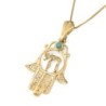 14K Gold Women's Hamsa and Chai Pendant with Ornate Design and Turquoi