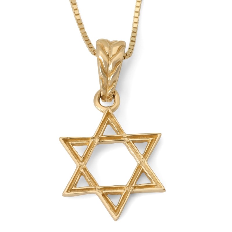 14K Gold Star of David Pendant with Etched Root Design
