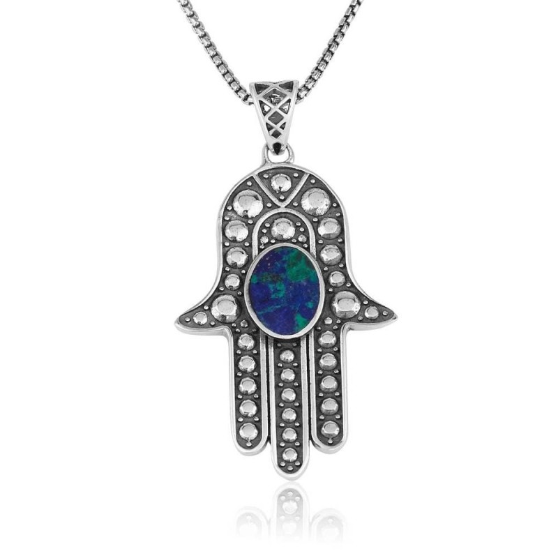 Collier Hamsa en argent sterling et pierre d'Eilat avec motif à bulles