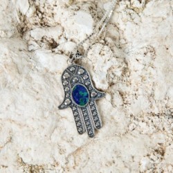 Sterling Silver and Eilat Stone Hamsa Necklace With Bubble Design