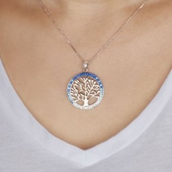 Sterling Silver Tree of Life Necklace with Zircon Stones (Choice of Co