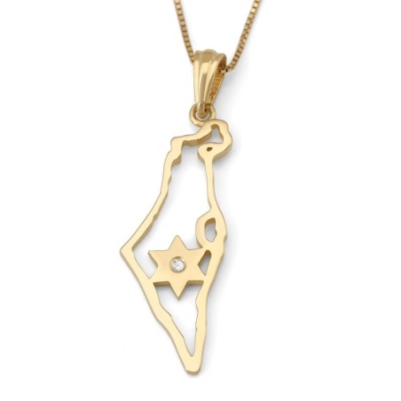 14K Gold Dainty Map of Israel Pendant with Diamond-Accented Star of Da