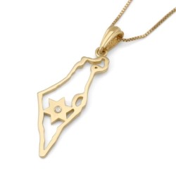 14K Gold Dainty Map of Israel Pendant with Diamond-Accented Star of Da