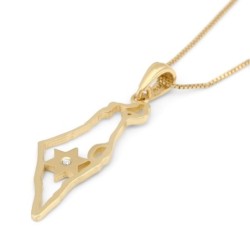 14K Gold Dainty Map of Israel Pendant with Diamond-Accented Star of Da
