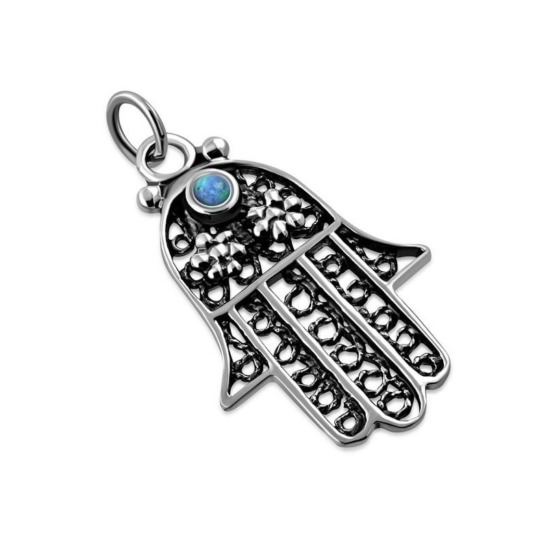 Sterling Silver Filigree Hamsa Necklace with Opal Stone