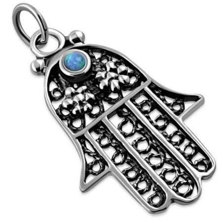 Sterling Silver Filigree Hamsa Necklace with Opal Stone