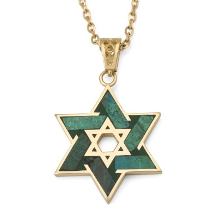 Collier avec pendentif double étoile de David en or 14 carats en pierre d'Eilat - Pour homme a