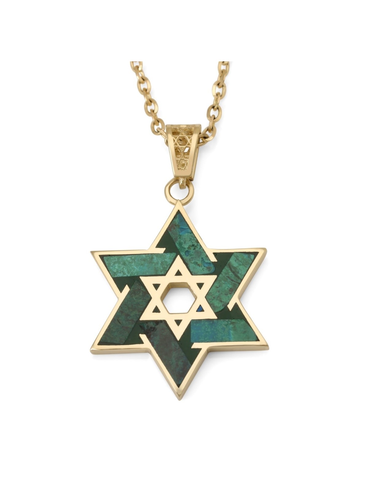 שרשרת תליון מגן דוד כפולה אבן אילת 14 קראט - לגברים א