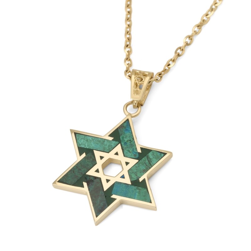 שרשרת תליון מגן דוד כפולה אבן אילת 14 קראט - לגברים א