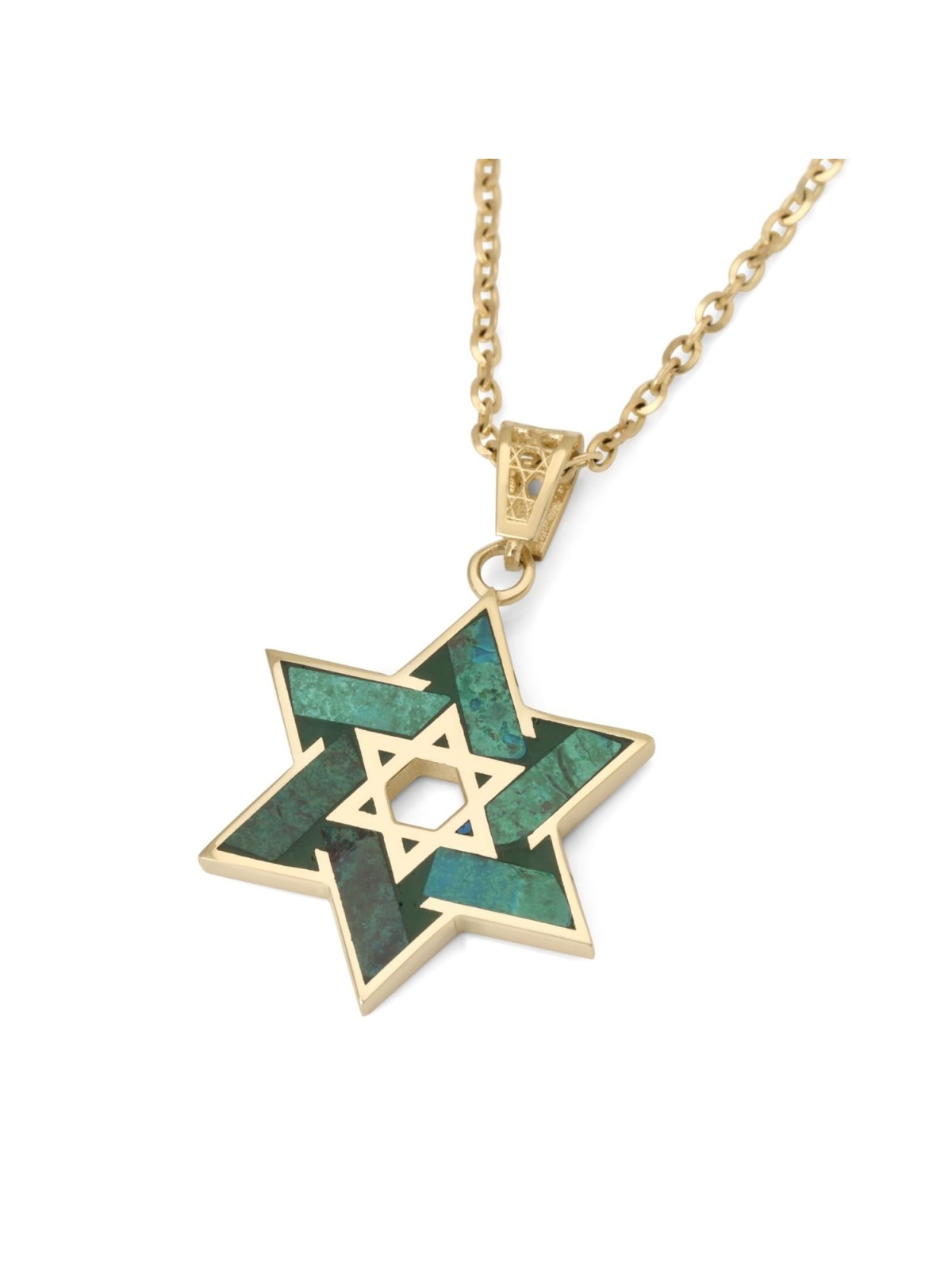 שרשרת תליון מגן דוד כפולה אבן אילת 14 קראט - לגברים א
