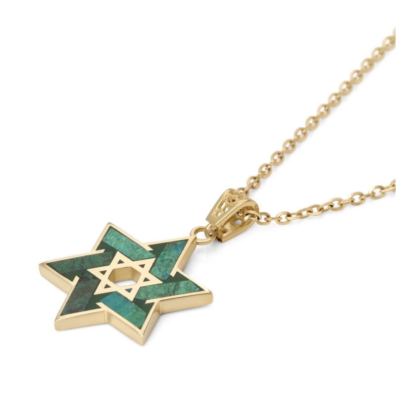 Collier avec pendentif double étoile de David en or 14 carats en pierre d'Eilat - Pour homme a