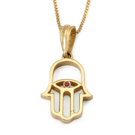 Collier pendentif Hamsa Evil Eye en or 14 carats avec rubis
