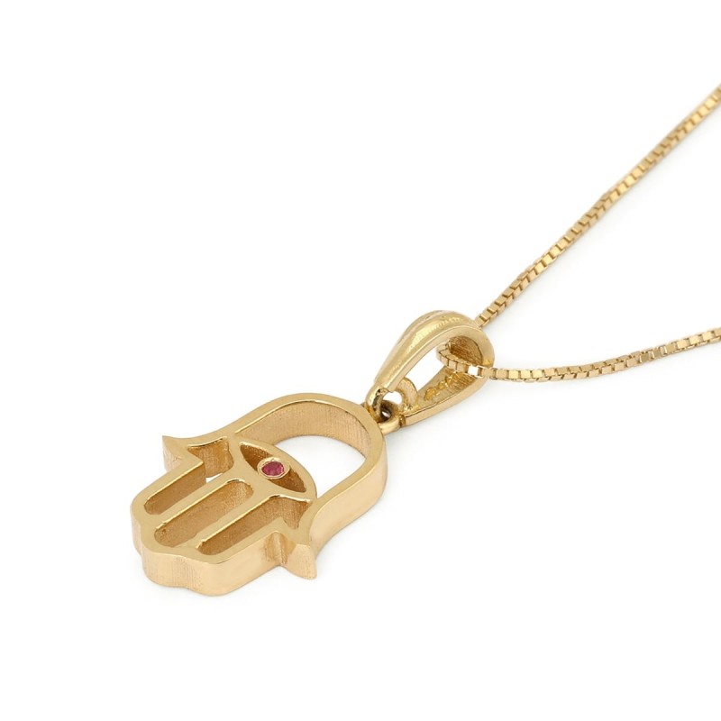 Collier pendentif Hamsa Evil Eye en or 14 carats avec rubis