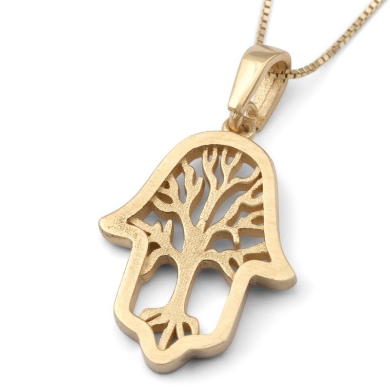 Collier pendentif Hamsa en or 14 carats avec motif arbre de vie