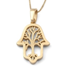 14K Gold Hamsa Pendant Necklace With Tree of Life Design