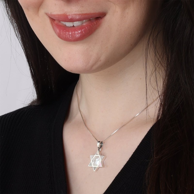 Sterling Silver Star of David Pendant Necklace With Mother-of-Pearl Fi