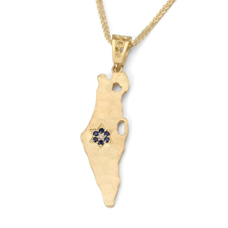 14K Gold Textured Map of Israel Pendant with Diamond and Sapphire Star