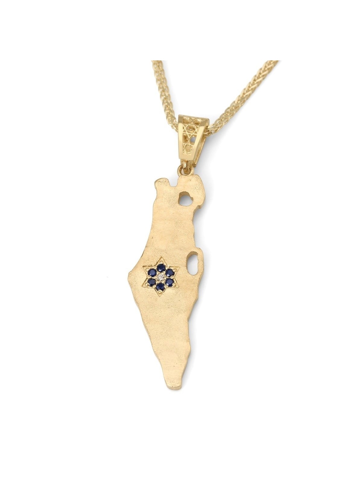 תליון מפת ישראל במרקם זהב 14K עם כוכב יהלום וספיר
