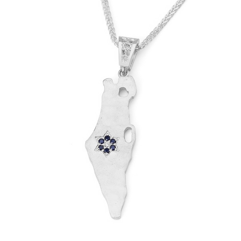 Pendentif carte texturée d'Israël en or 14 carats avec étoile en diamant et saphir