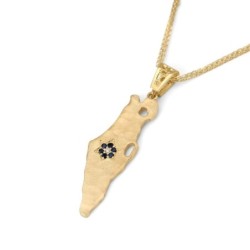 14K Gold Textured Map of Israel Pendant with Diamond and Sapphire Star