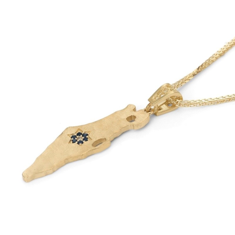 Pendentif carte texturée d'Israël en or 14 carats avec étoile en diamant et saphir